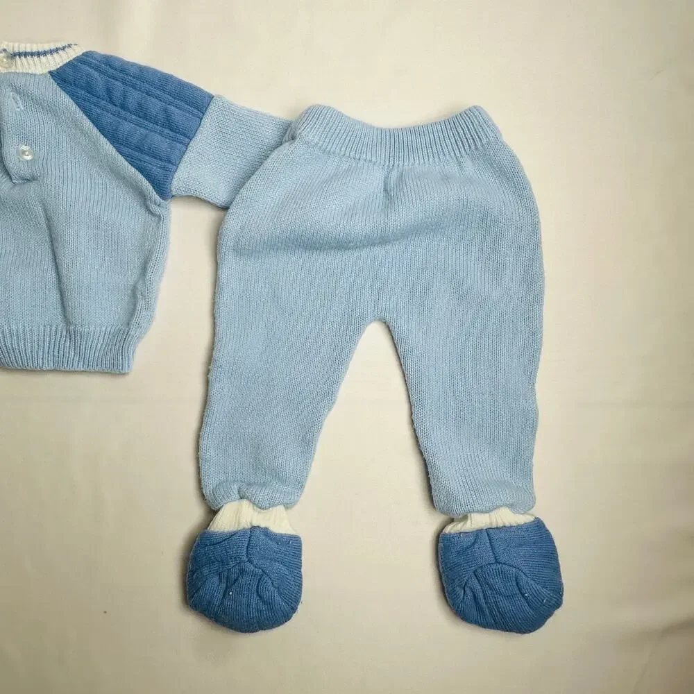 Vintage Story Book Teddy Bears Sweater Blue Knit 2pc Set Outfit Sz 3 mo